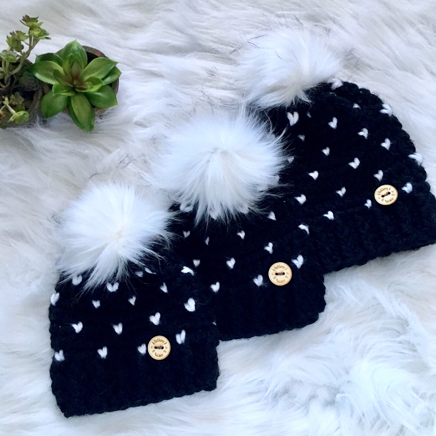 Mini Hearts | Black and White Chunky Crochet Winter Hat | Removable Faux Fur Pompom