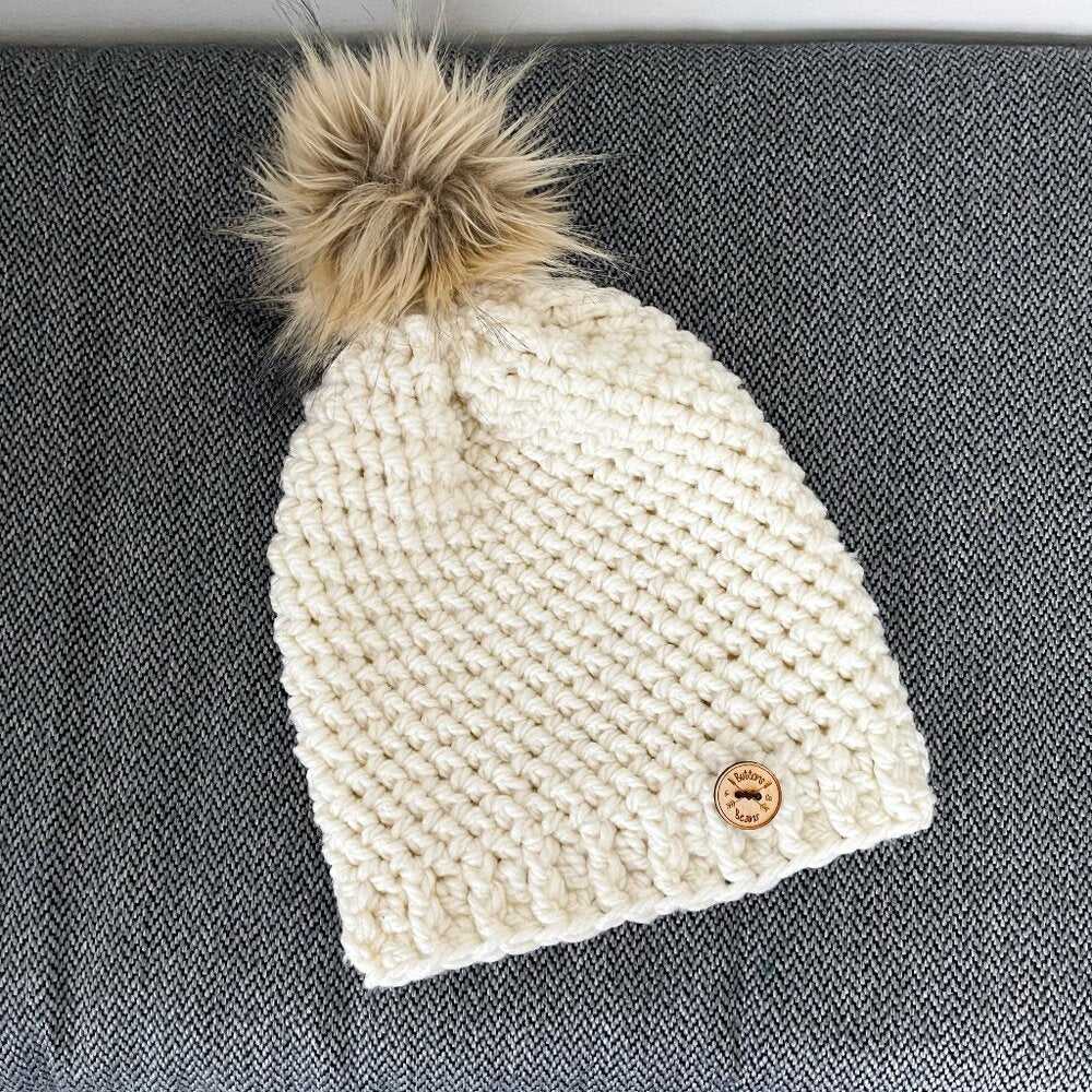 Adult, Mens, Ladies Ivory crochet hat, faux fur Pompom, Slouchy Knit Hat Women > Accessories > Hats 22 $ Buttons & Beans Co.