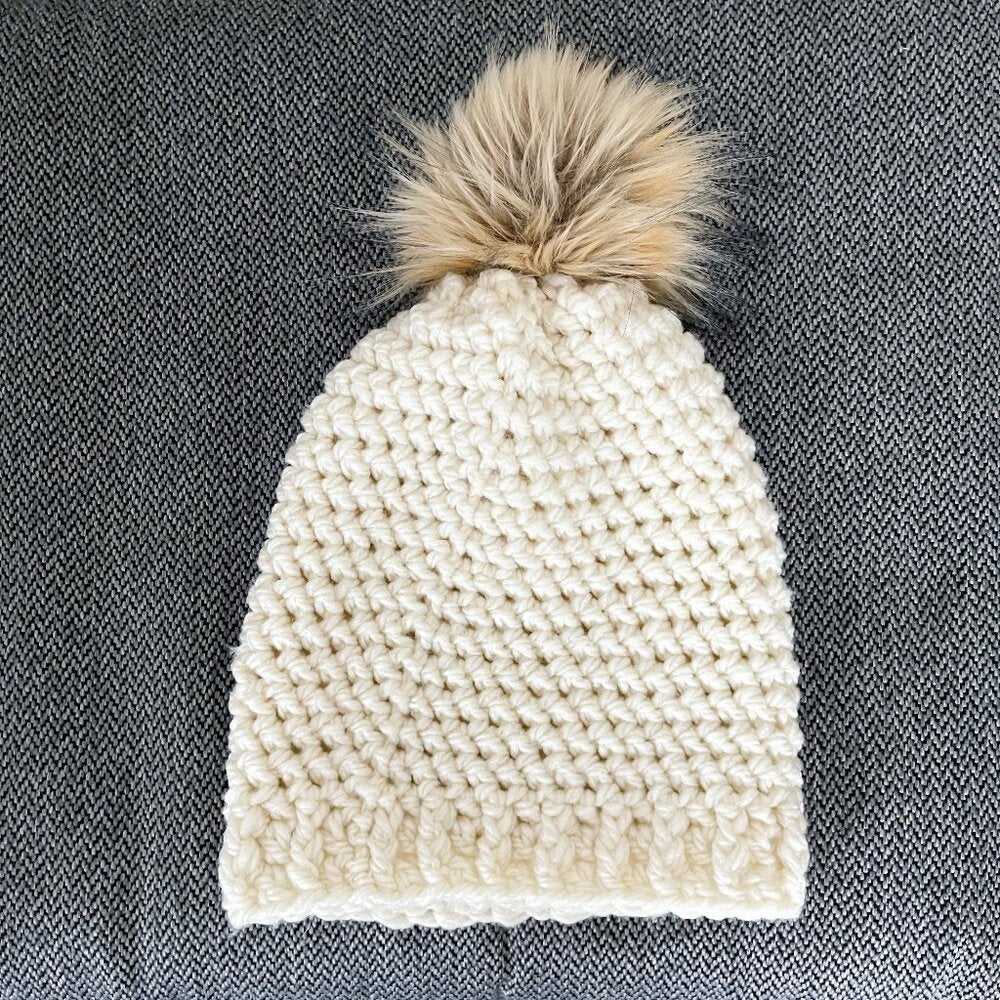 Adult, Mens, Ladies Ivory crochet hat, faux fur Pompom, Slouchy Knit Hat Women > Accessories > Hats 22 $ Buttons & Beans Co.