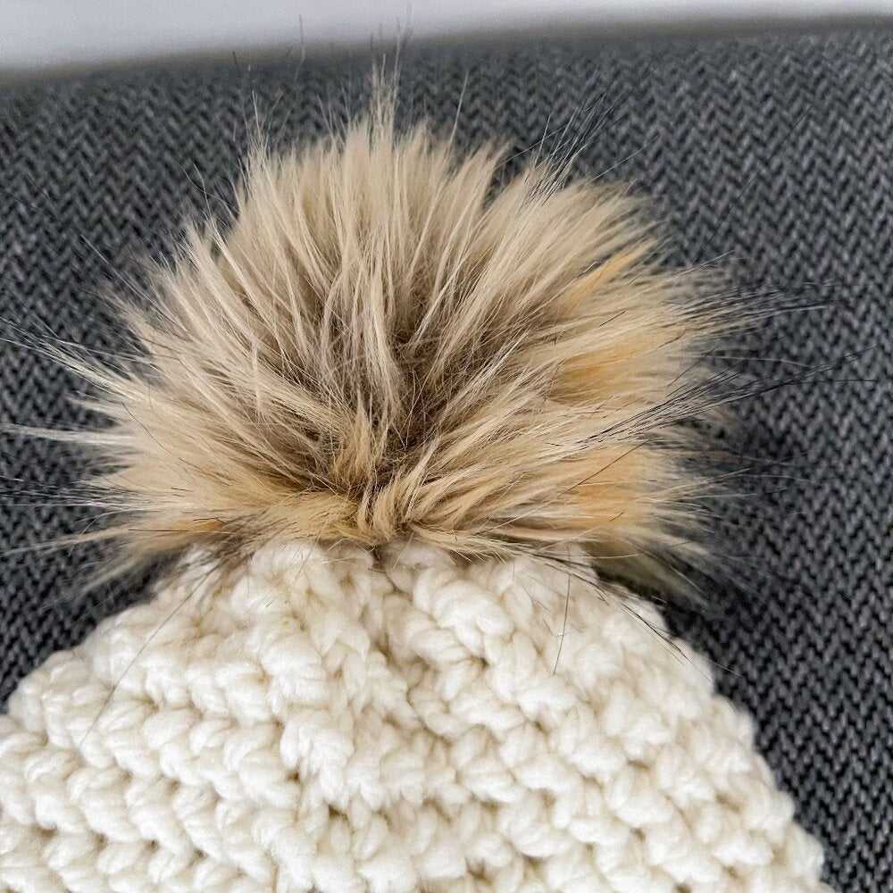 Adult, Mens, Ladies Ivory crochet hat, faux fur Pompom, Slouchy Knit Hat Women > Accessories > Hats 22 $ Buttons & Beans Co.