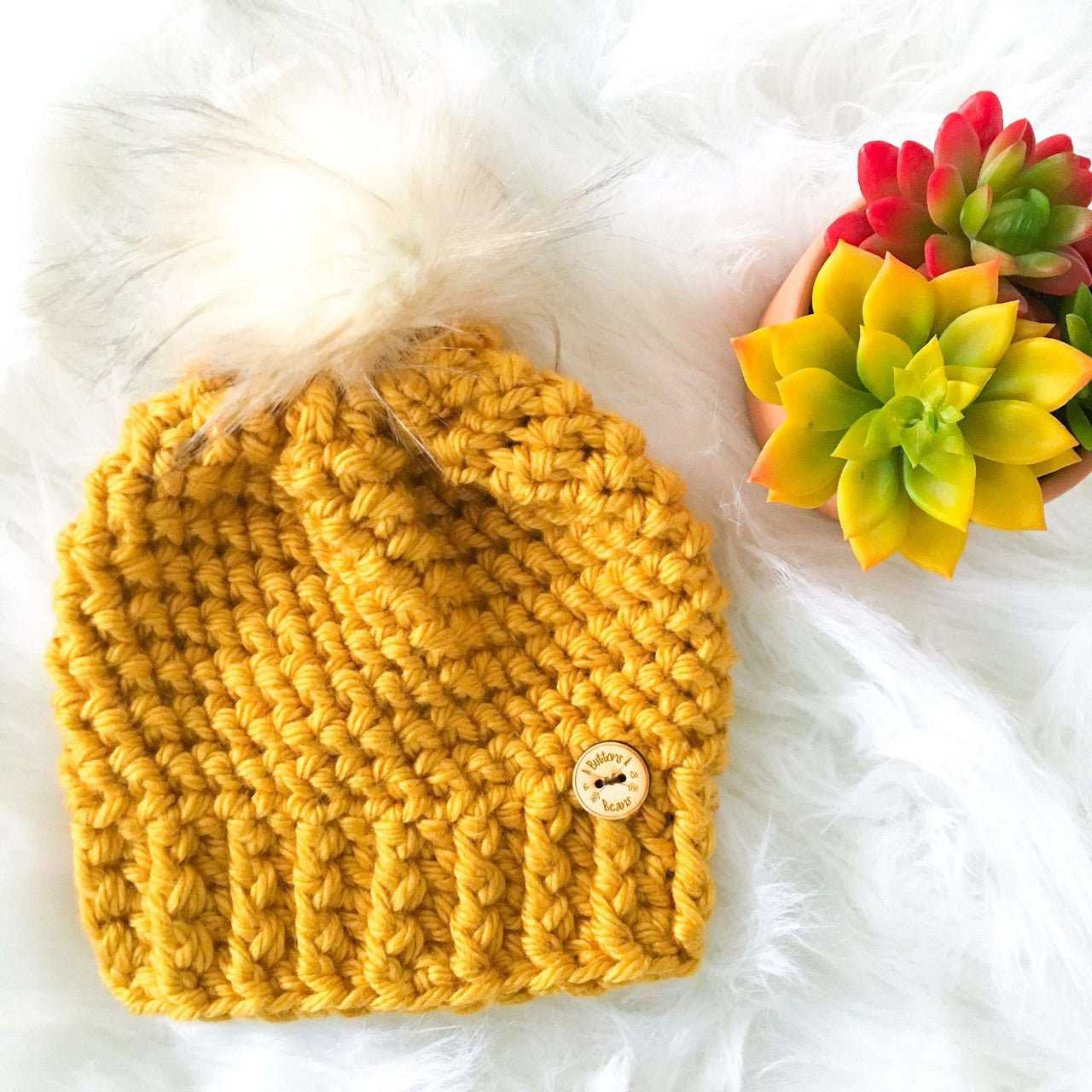 Classic | Mustard Chunky Crochet Hat | Removable Pompom Hats 35 $ Buttons & Beans Co.