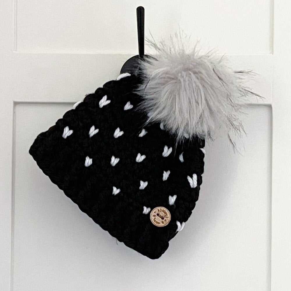 Mini Hearts Black and White Chunky Crochet Winter Hat