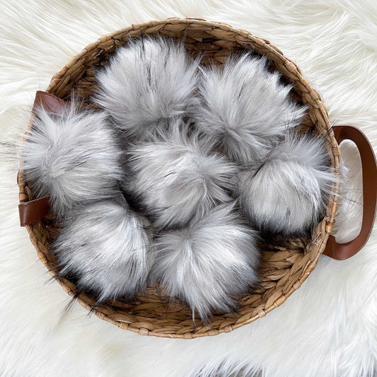 Grey Wolf Luxury Faux Fur Pompom | Pom pom with Ties, Buttons or Snaps Pom Poms 5 $ Buttons & Beans Co.