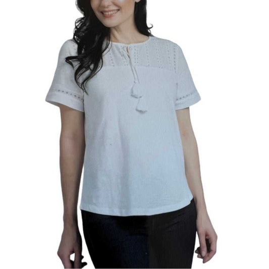 Hilary Radley Women's Eyelet Slub T-Shirt | White Boho Tie Neck Top, Blouse Women > Tops 15 $ Buttons & Beans Co.