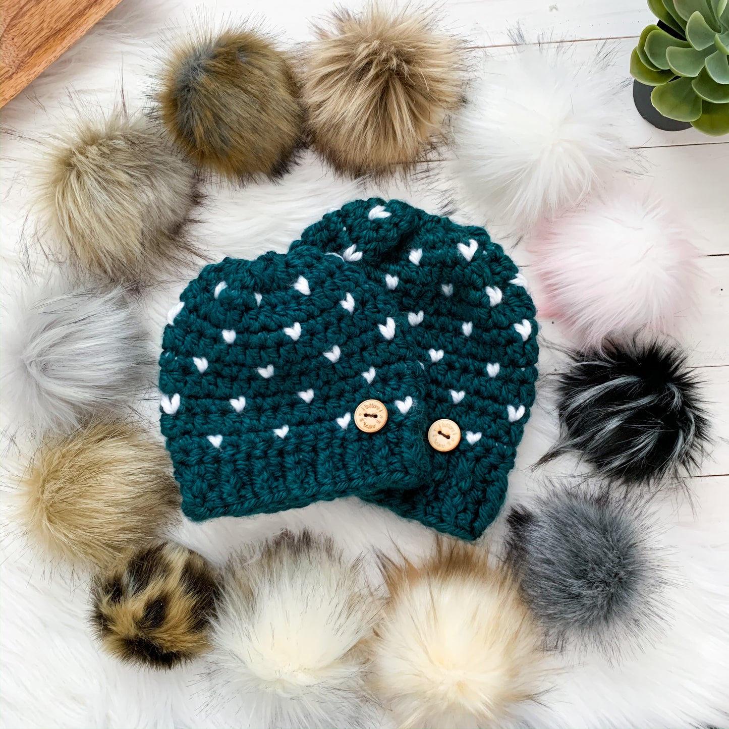 Mini Hearts | Teal and White Chunky Crochet Winter Hat | Removable Faux Fur Pom pom