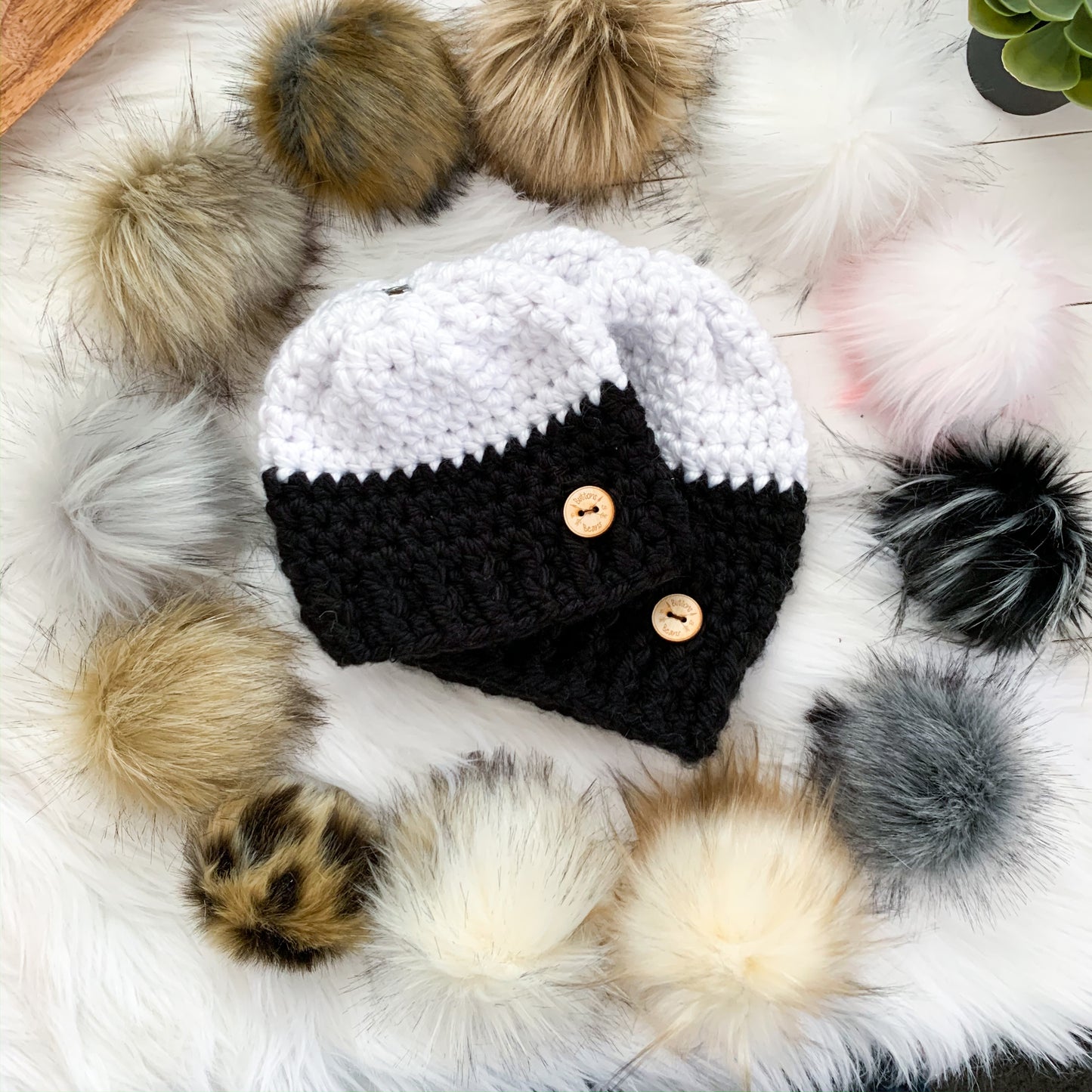 Colour Block | Vegan Toddler Black and White Chunky Crochet Winter Hat | Removable Faux Fur Pom pom
