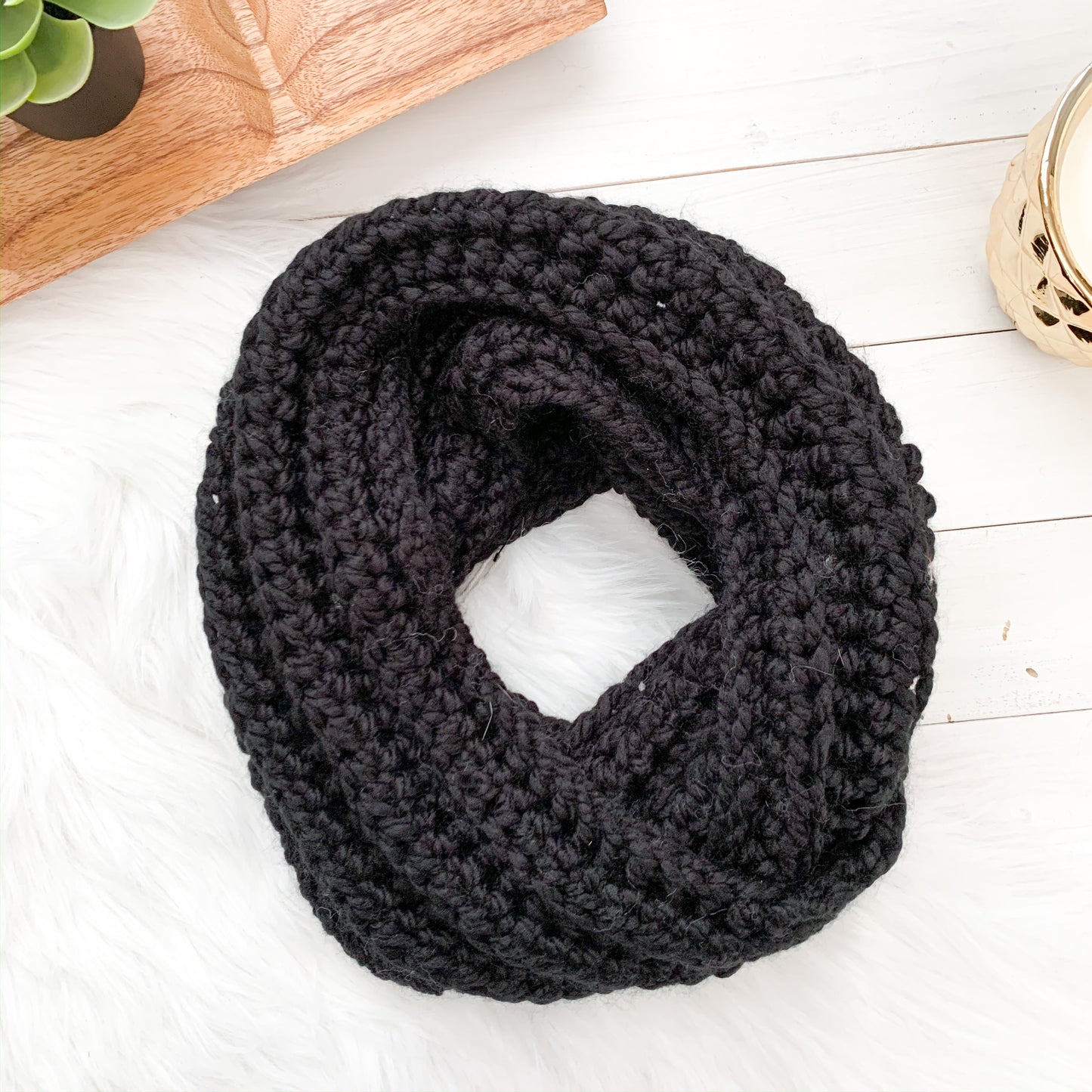 Crochet Hat and Scarf | Black Vegan Chunky Crochet Infinity Scarf and Toque