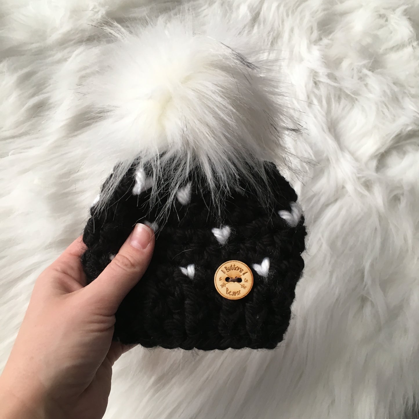 Mini Hearts | Black and White Chunky Crochet Winter Hat | Removable Faux Fur Pompom
