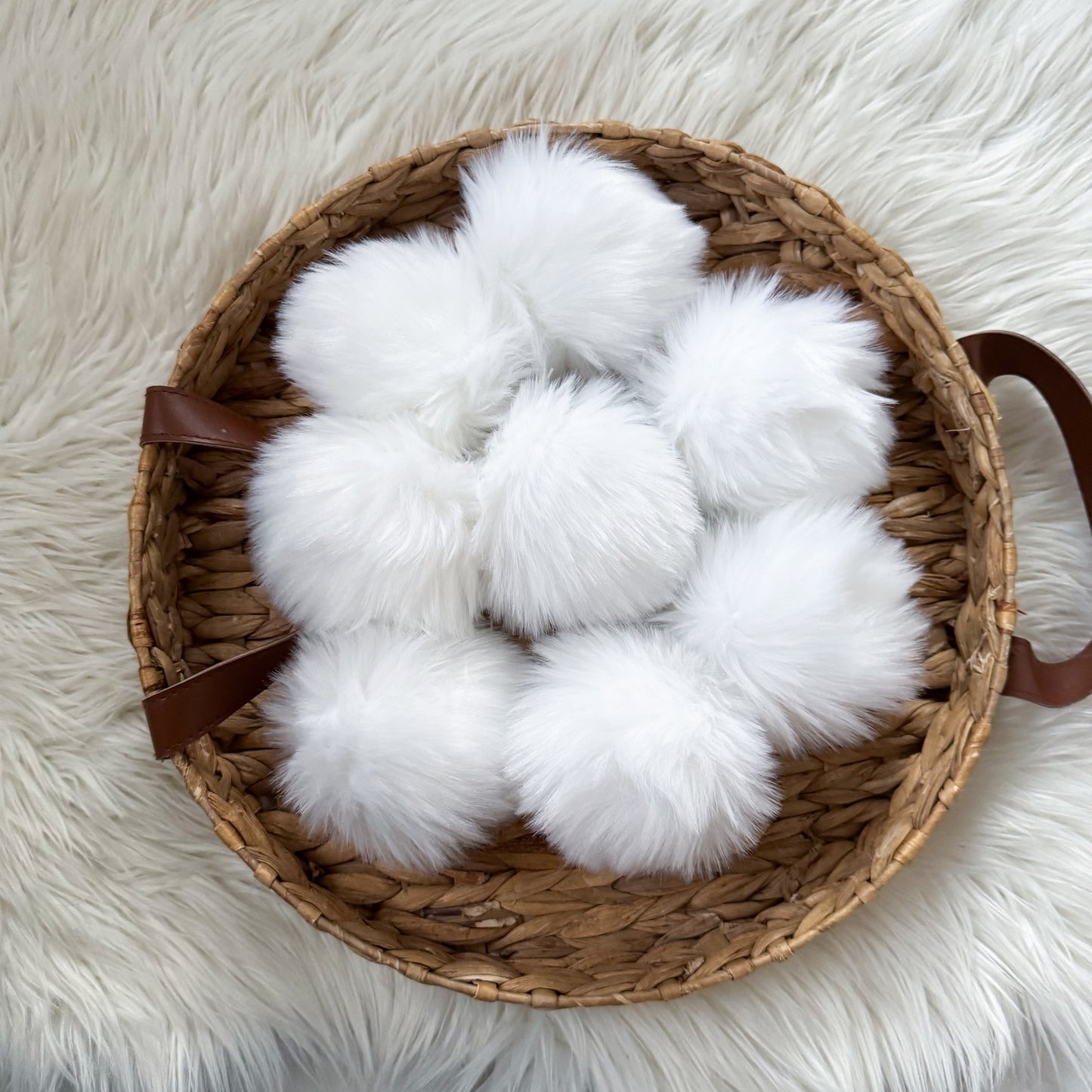Polar Luxury Faux Fur Pompom | White pom pom with Tie, Button
