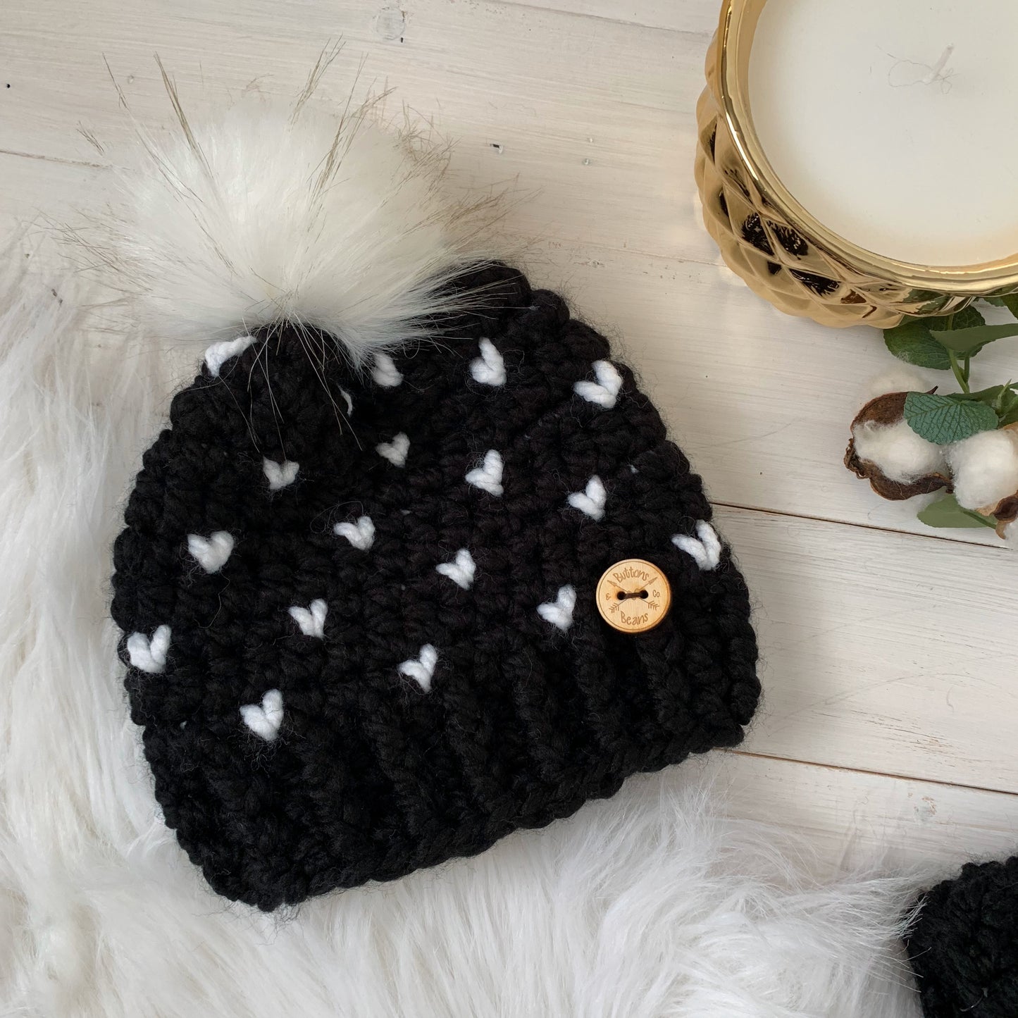 Mini Hearts | Black and White Chunky Crochet Winter Hat | Removable Faux Fur Pompom