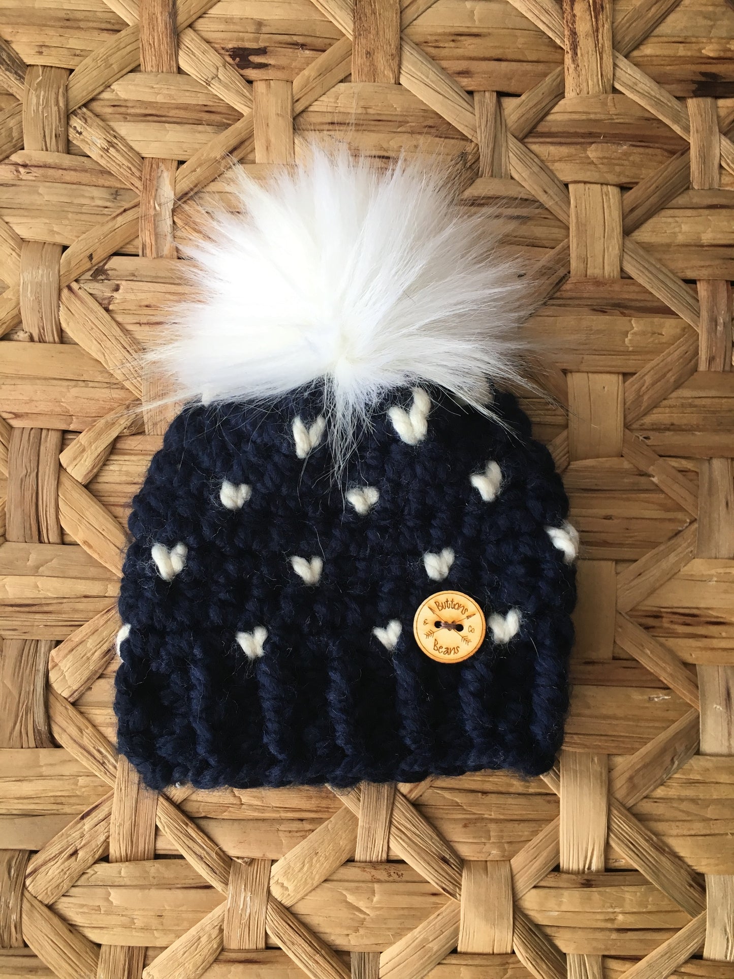 Mini Hearts | Black and White Chunky Crochet Winter Hat | Removable Faux Fur Pompom