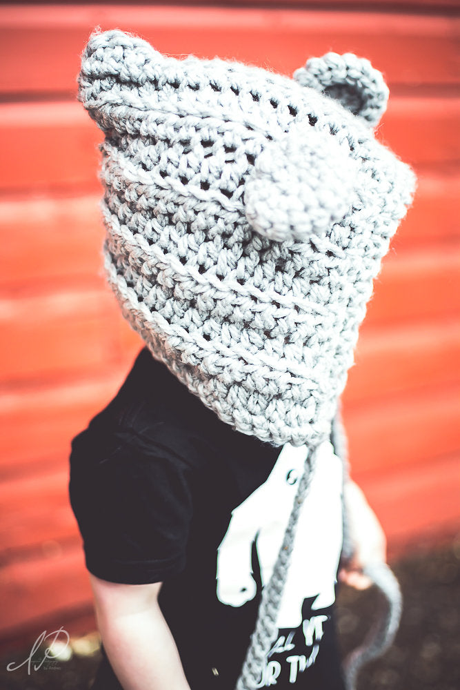 Bear Pixie Bonnet | Grey Crochet Winter Hat