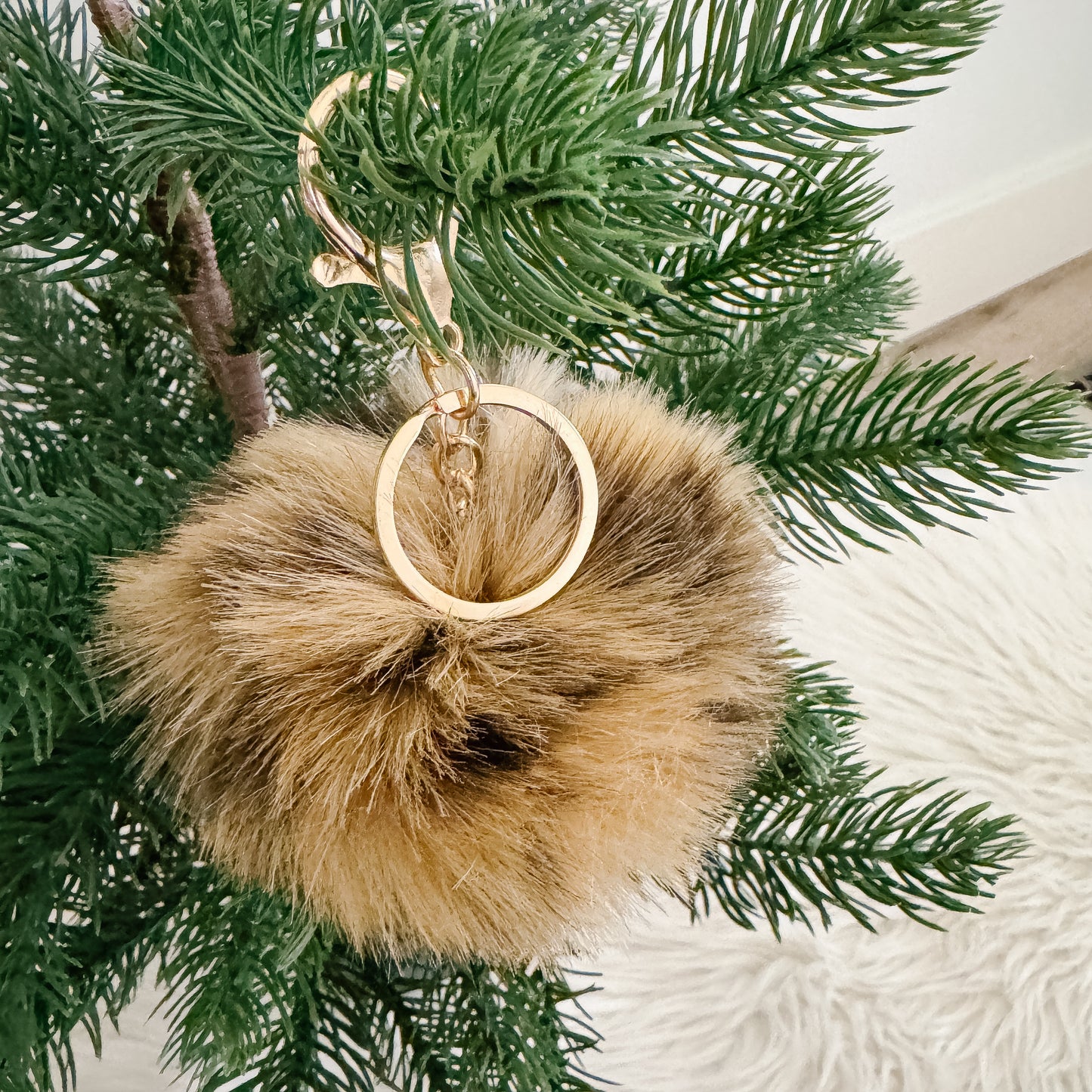 Faux Fur Pompom Keychain | Leopard Gold and Black Print