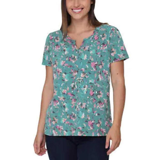 Nicole Miller Women's Printed Ruched Top, Casual Top, Shirt | Teal Floral Women > Tops > Tees - Short Sleeve 15 $ Buttons & Beans Co.