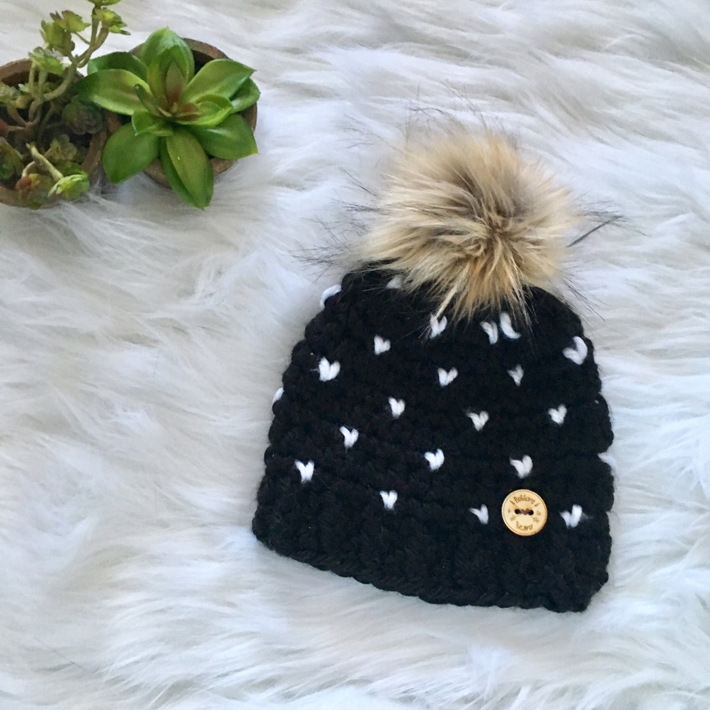 Mini Hearts | Black and White Chunky Crochet Winter Hat | Removable Faux Fur Pompom