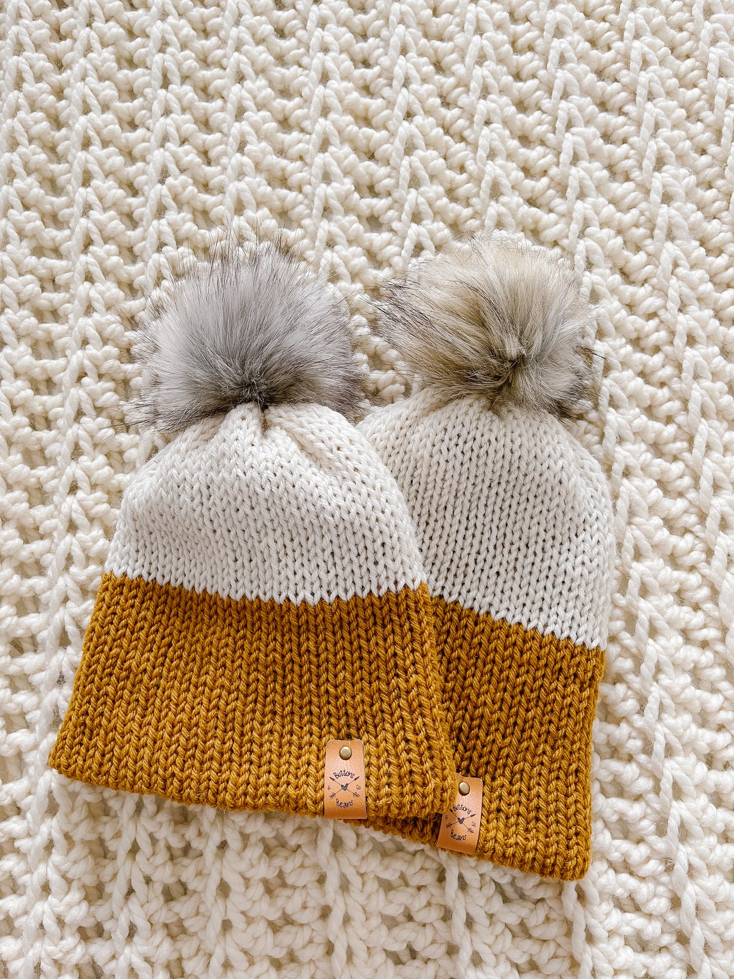 Reversa Colour Block | Mustard and Ivory Knit Slouchy Hat | Removable Faux Fur Pom pom