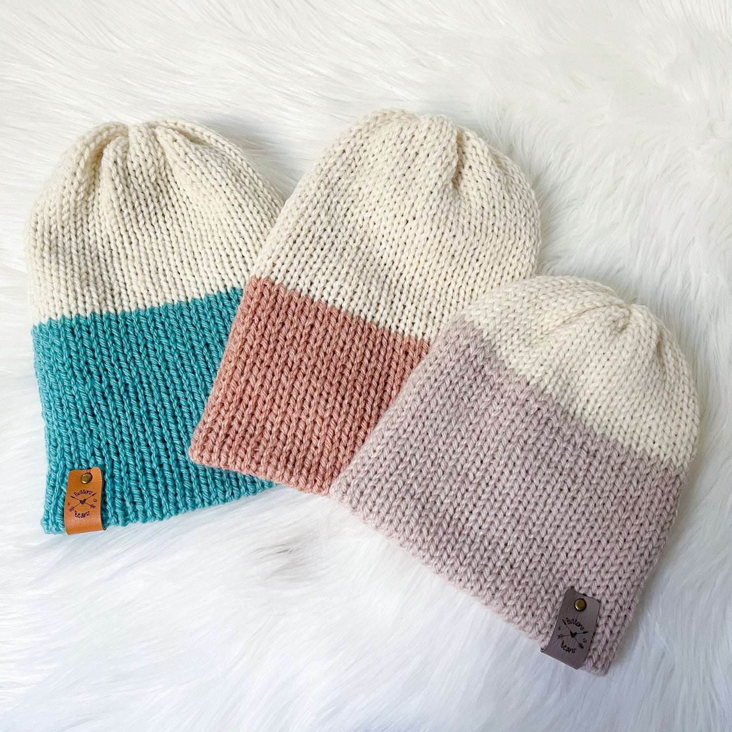 Reversa Colour Block | Succulent Green and Ivory Knit Slouchy Hat | Removable Faux Fur Pom pom