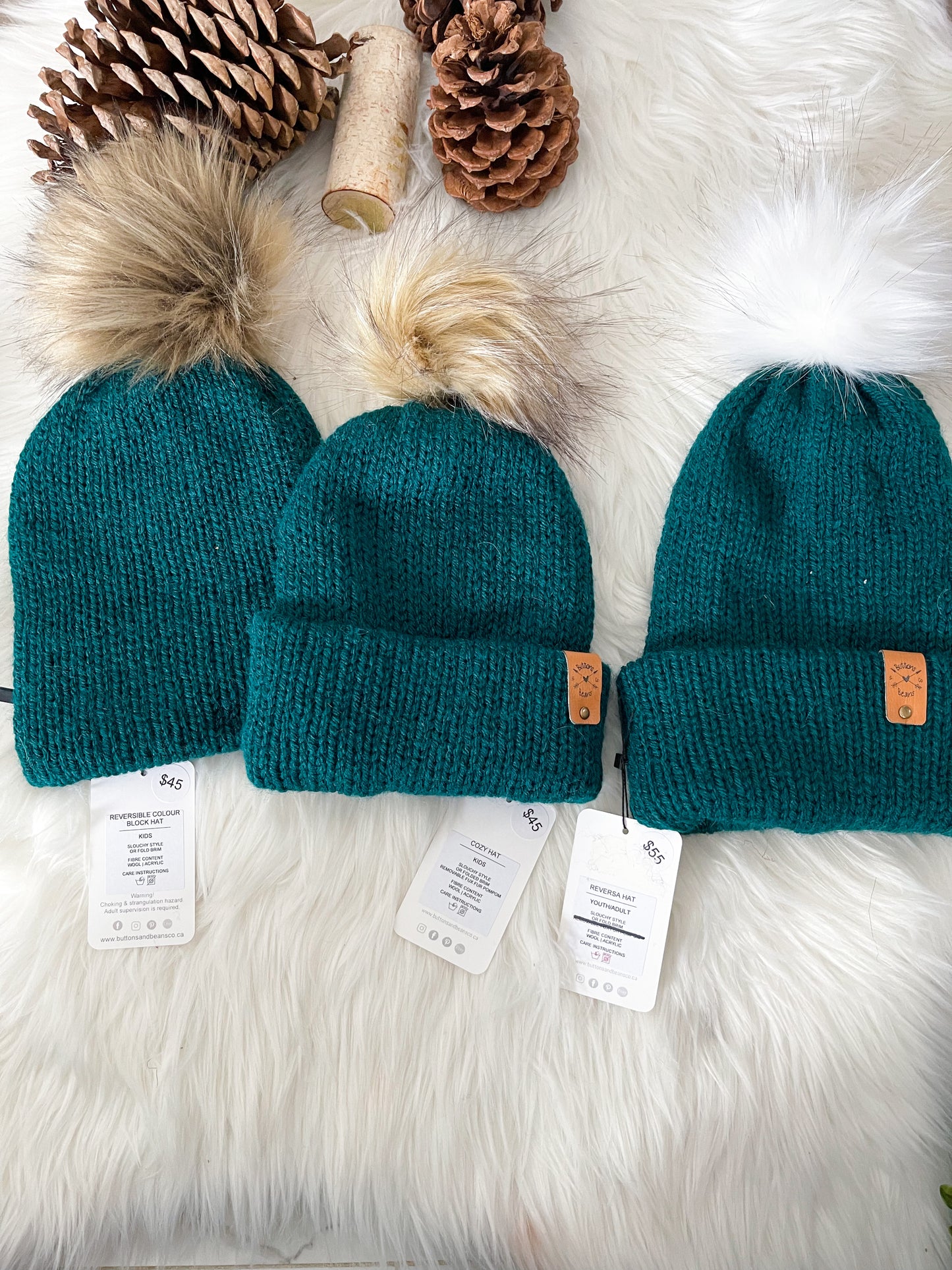 Reversa | Rainforest Teal Knit Slouchy Hat | Removable Faux Fur Pom pom