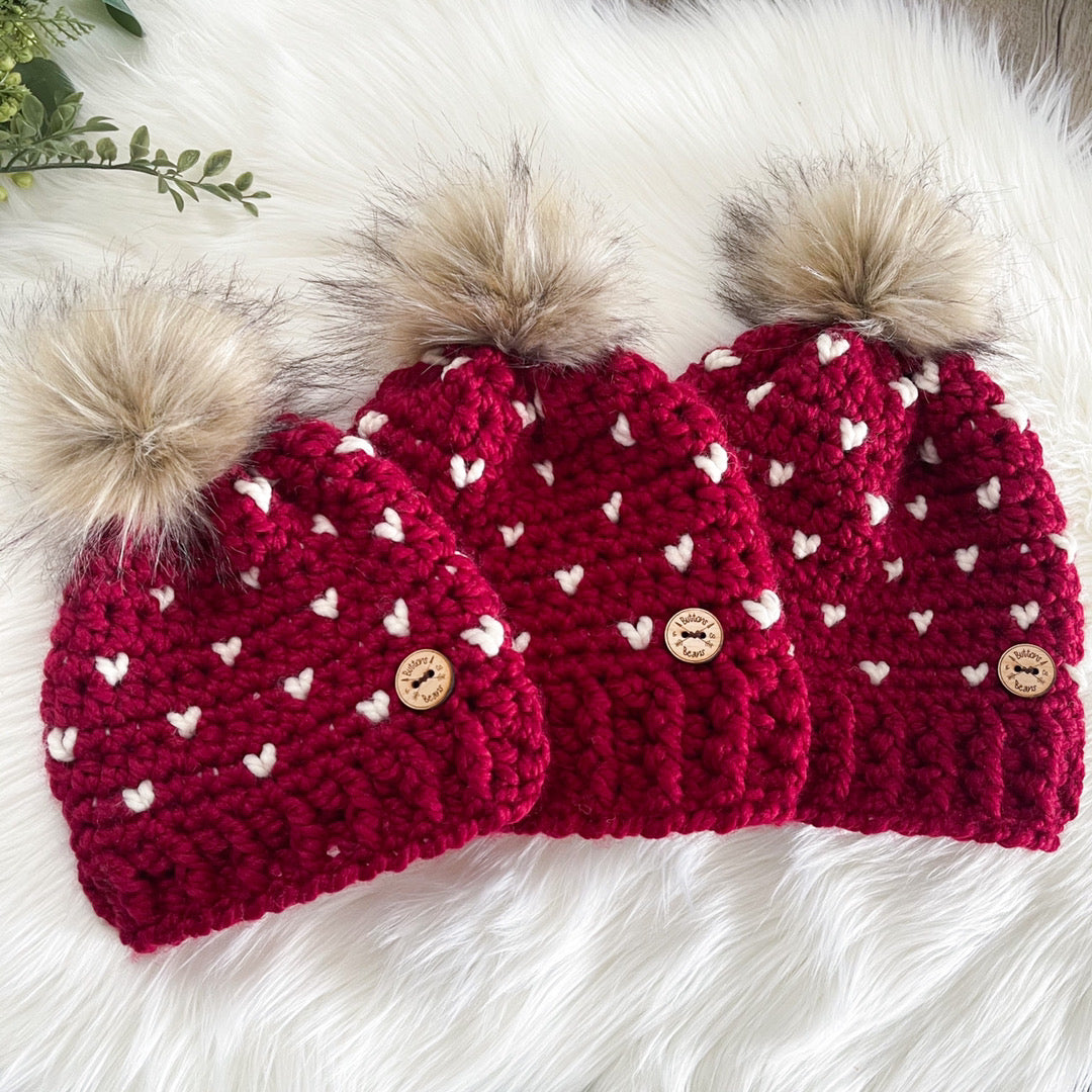 Mini Hearts | Red and White Chunky Crochet Winter Hat | Removable Faux Fur Pompom