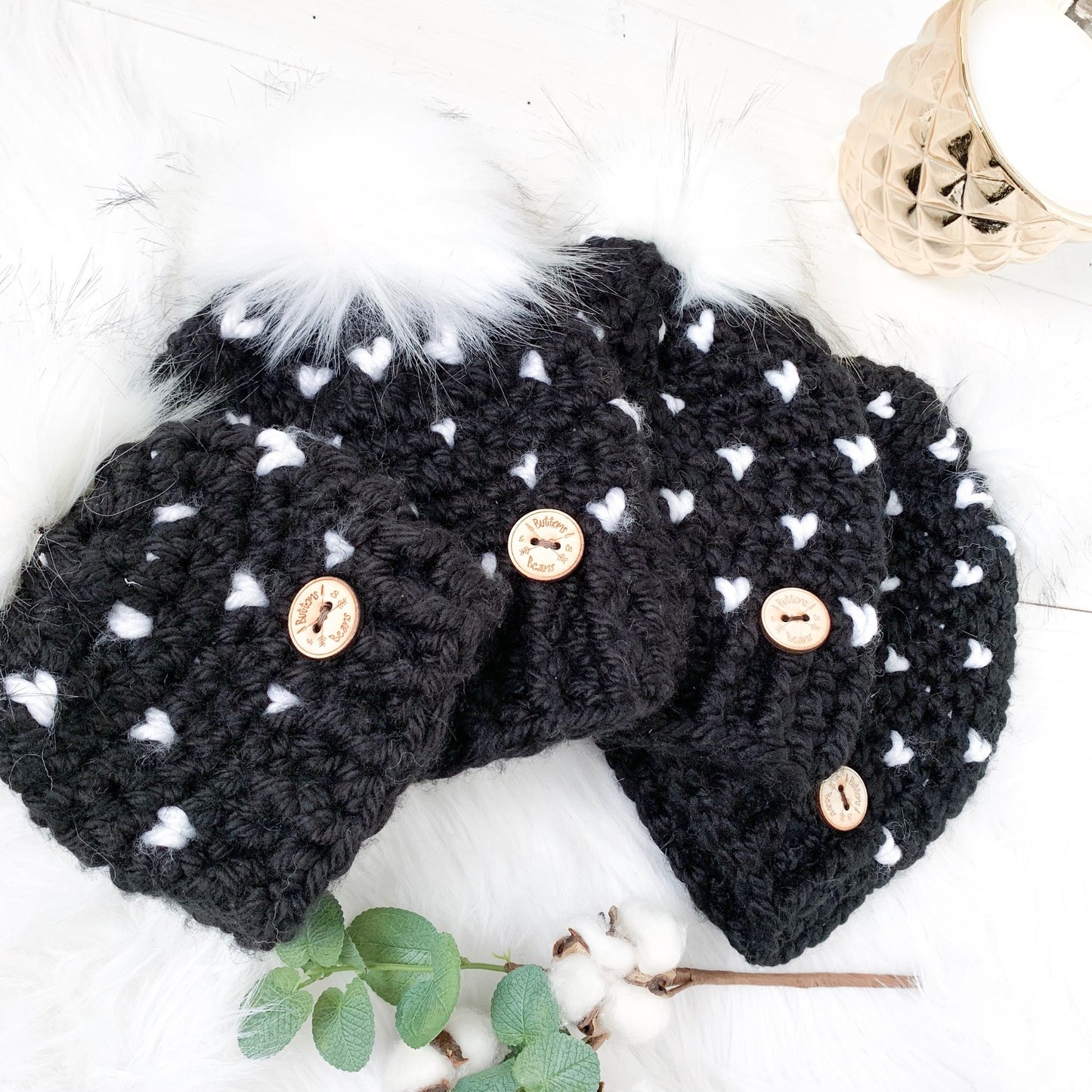 Mini Hearts | Black and White Chunky Crochet Winter Hat | Removable Faux Fur Pompom