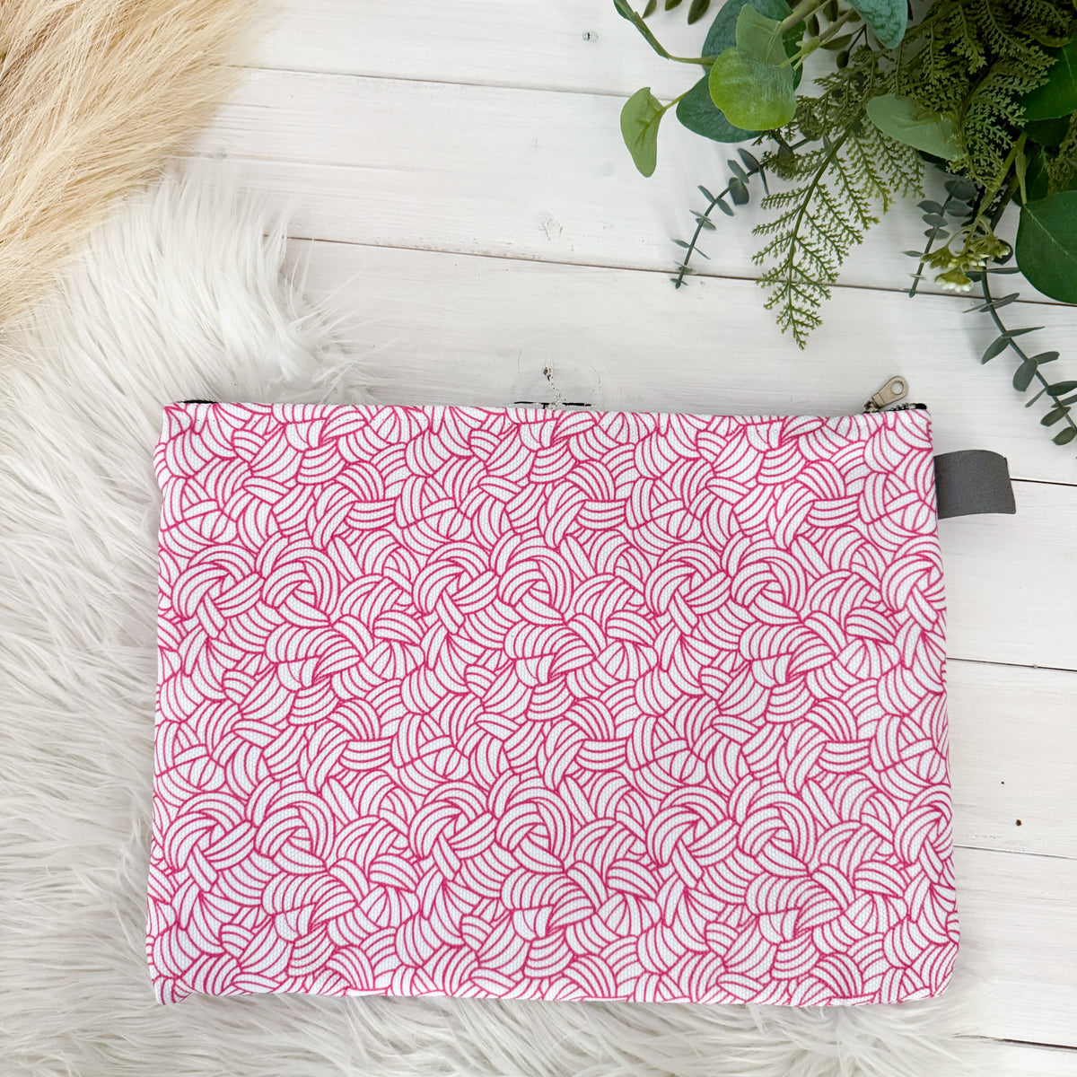 Pink Knot all over Project Pouch Bag,Carry All Project Pouch, Canvas and Denim Zipper Pull Bag, Crocheter, Knitter, Yarn Collector Case, Organizer