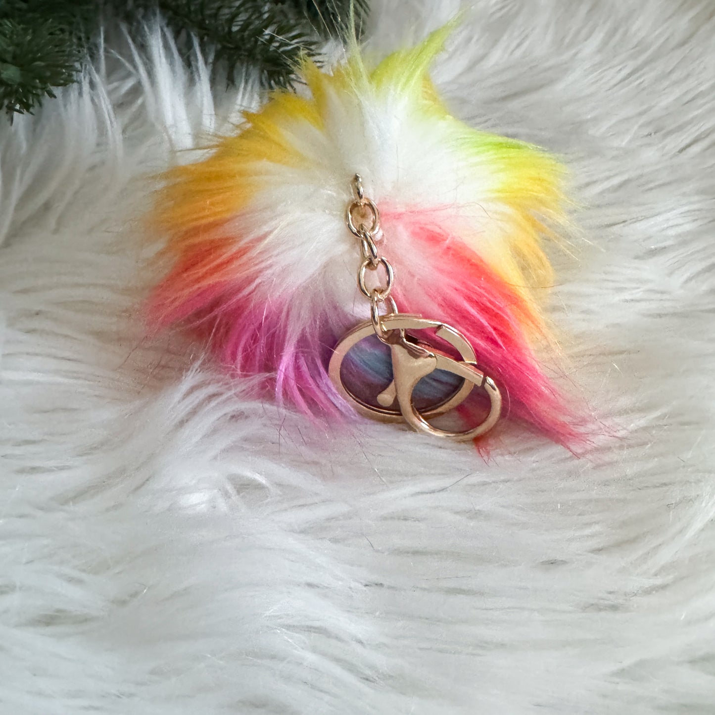 Faux Fur Pompom Keychain | Rainbow