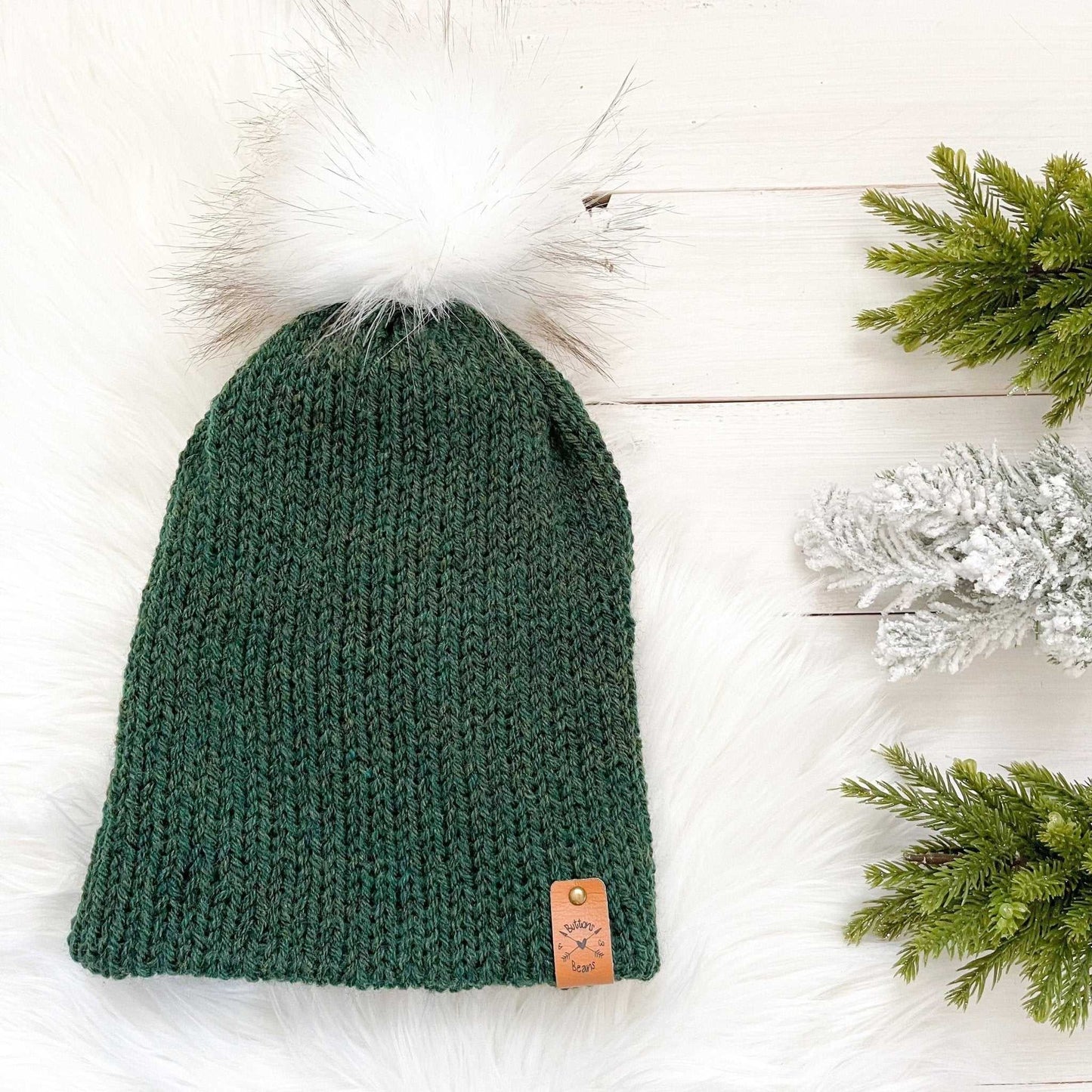 Reversa Colour Block | Forest Green Knit Slouchy Hat | Removable Pompom Hats 35 $ Buttons & Beans Co.