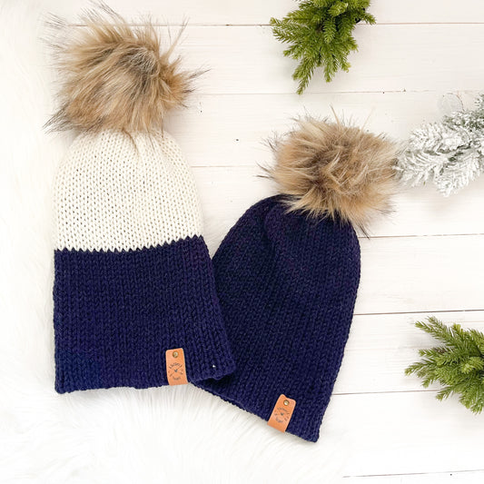 Reversa Colour Block Pick Your Colours | Baby to Adult Knit Slouchy Hat | Removable Faux Fur Pompom
