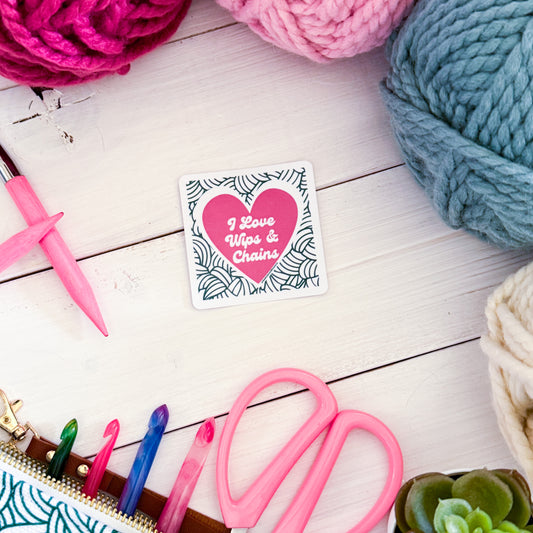I Love Wips and Chains Square Knot Heart Premium Vinyl Sticker, Crochet Funny, Crocheting Gift, Sassy Knitter Crocheter Humour