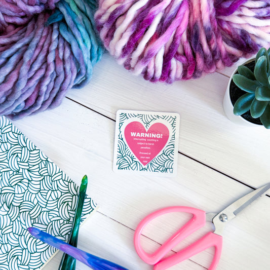 Warning Square Knot Heart Premium Vinyl Sticker, Crochet Funny, Crocheting Gift, Sassy Knitter Crocheter Humour