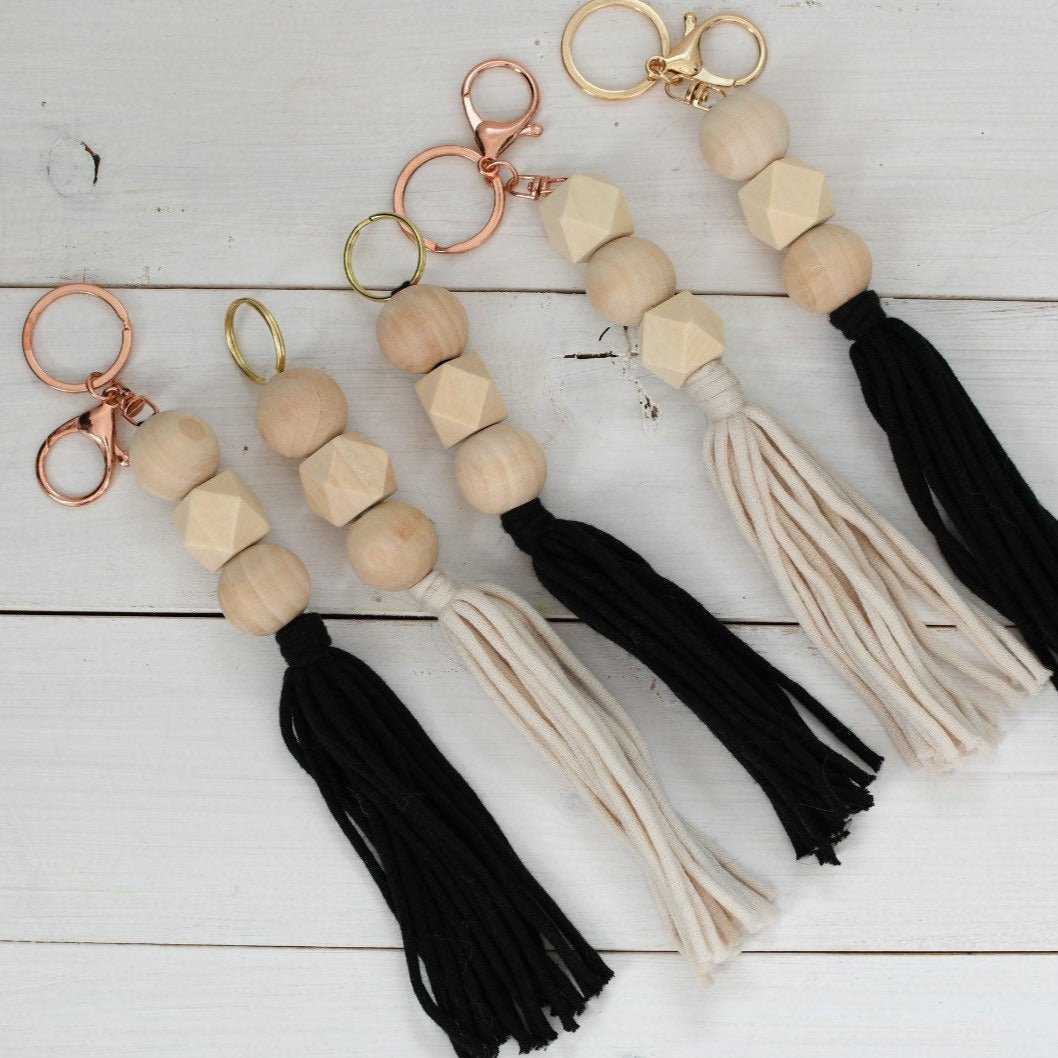 Tassel Keychain | Round and Hexagon Wood Bead Key Chain Accessories 22 $ Buttons & Beans Co.