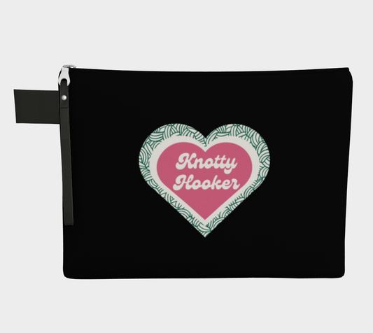 Knotty Hooker, Black or White Project Pouch Bag,Carry All Project Pouch, Canvas and Denim Zipper Pull Bag, Crocheter, Knitter, Yarn Collector Case, Organizer