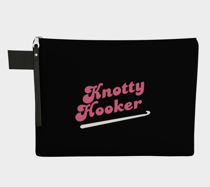 Knotty Hooker Dark Pink, Black or White Carry All Project Pouch, Canvas and Denim Zipper Pull Bag, Crocheter, Knitter, Yarn Collector Case, Organizer