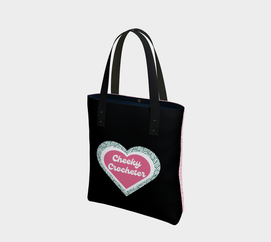 Cheeky Crocheter Pink Lined Vegan Leather Strap, Yarn Project Tote, Crochet Hook or Knitting Needles, Notions Bag, Crocheting Knitting Case, Fibre Organizer, Crafters, Crocheter and Knitter Humour Gift