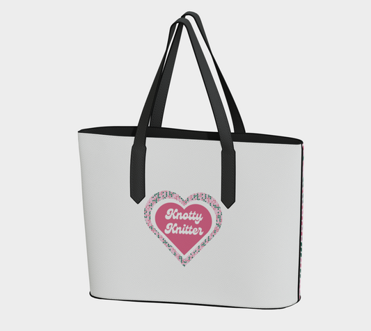 Knotty Knitter White Black Vegan Leather Tote, Yarn Project Tote, Crochet Hook, Knitting Needles and Notions Bag, Crocheting Knitting Case, Fibre Organizer, Crafters, Crocheter and Knitter Humour Gift