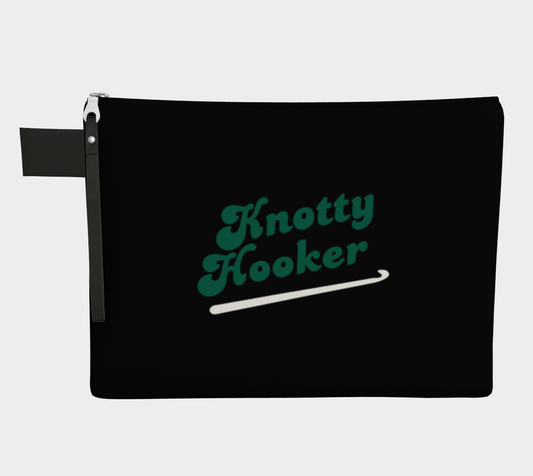 Knotty Hooker Green, Black or White Carry All Project Pouch, Canvas and Denim Zipper Pull Bag, Crocheter, Knitter, Yarn Collector Case, Organizer