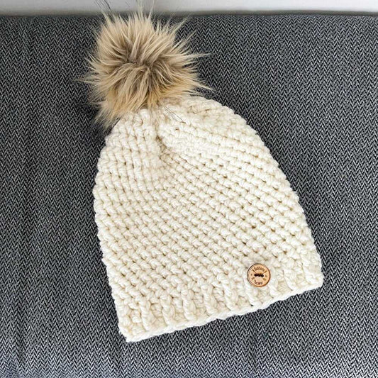 Adult, Mens, Ladies Ivory crochet hat, faux fur Pompom, Slouchy Knit Hat Women > Accessories > Hats 22 $ Buttons & Beans Co.