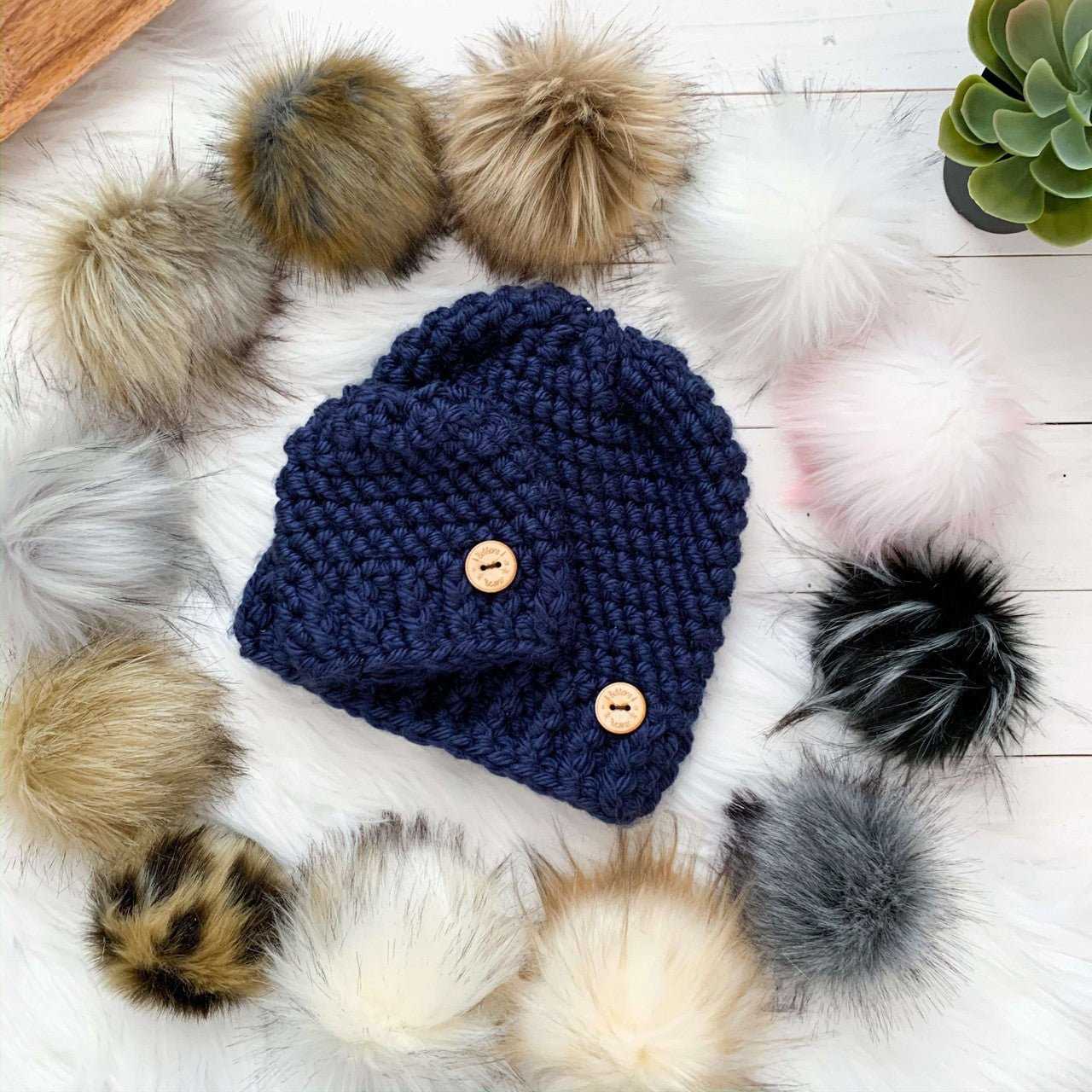 Classic | Baby Vegan Navy Blue Chunky Crochet Hat | Removable Pompom Hats 35 $ Buttons & Beans Co.