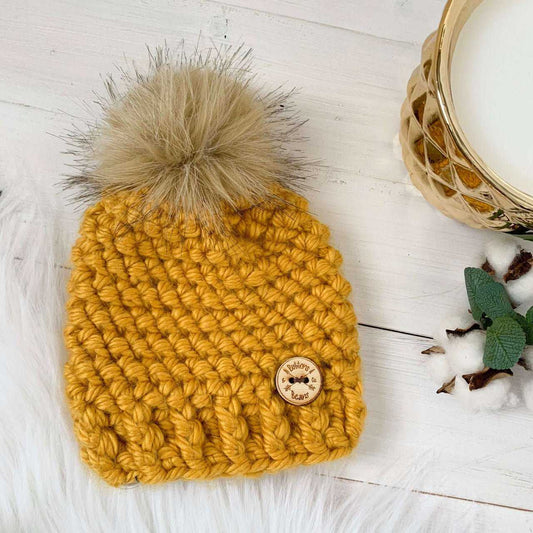 Classic | Vegan Mustard Chunky Crochet Hat | Removable Pompom Hats 35 $ Buttons & Beans Co.
