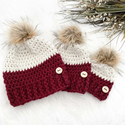 Colour Block | Red and Cream Chunky Crochet Hat | Removable Pompom Hats 35 $ Buttons & Beans Co.