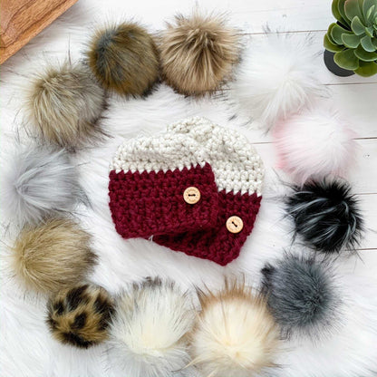 Colour Block | Red and Cream Chunky Crochet Hat | Removable Pompom Hats 35 $ Buttons & Beans Co.