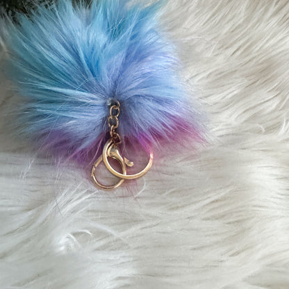 Faux Fur Pompom Keychain | Cotton Candy Blue and Pink