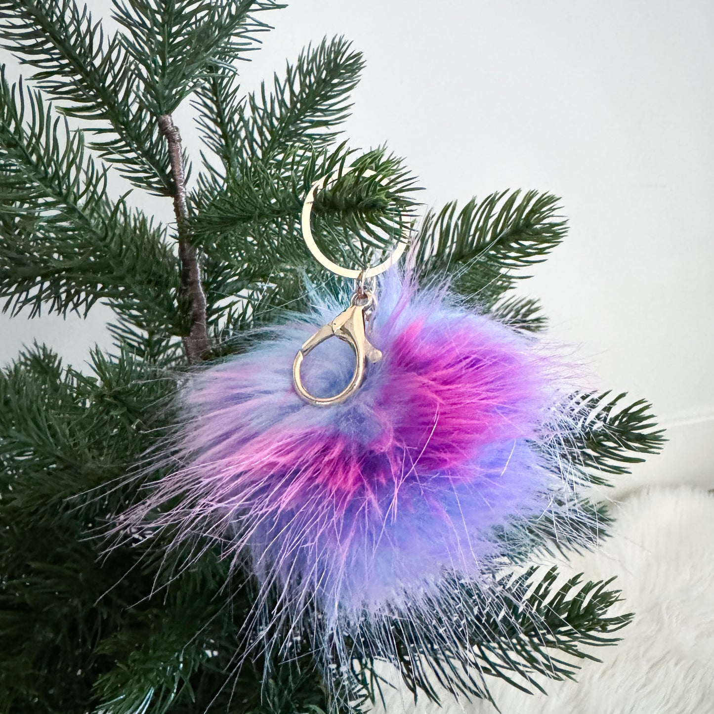 Faux Fur Pompom Keychain | Cotton Candy Blue and Pink
