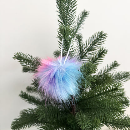 Faux Fur Pom Pom Christmas Ornament | Cotton Candy Blue and Pink