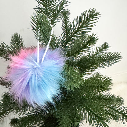 Faux Fur Pom Pom Christmas Ornament | Cotton Candy Blue and Pink