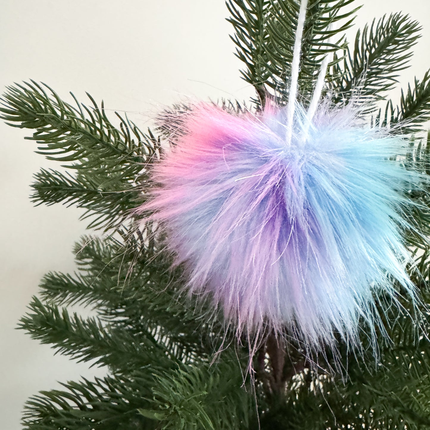 Faux Fur Pom Pom Christmas Ornament | Cotton Candy Blue and Pink