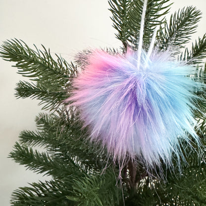 Faux Fur Pom Pom Christmas Ornament | Cotton Candy Blue and Pink