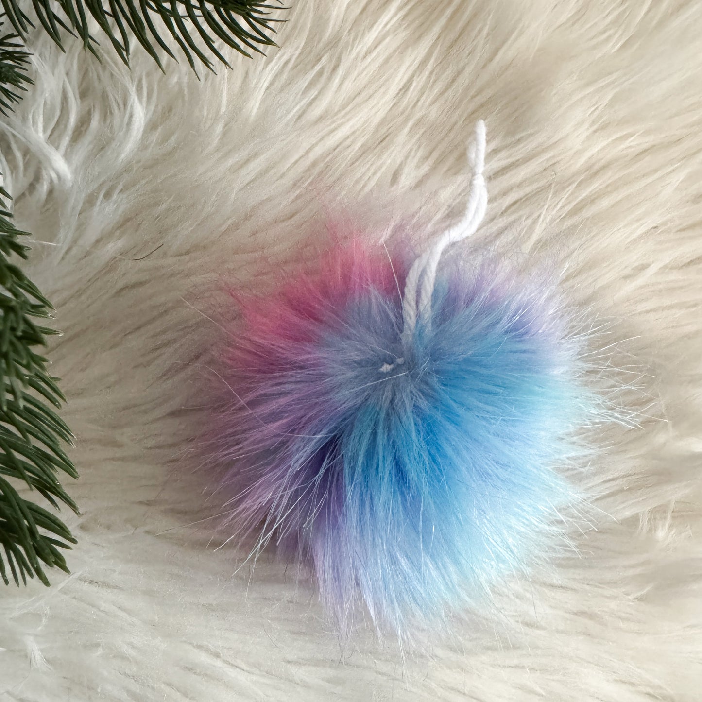 Faux Fur Pom Pom Christmas Ornament | Cotton Candy Blue and Pink