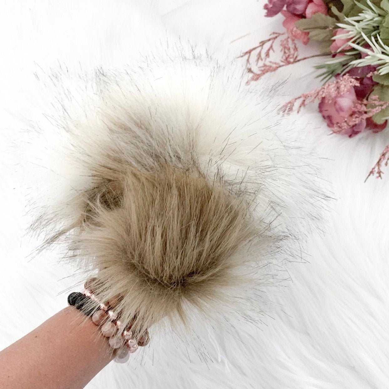 Coyote Luxury Faux Fur pompom | Brown and Cream | Snap, Tie or Button Pom Poms 8 $ Buttons & Beans Co.