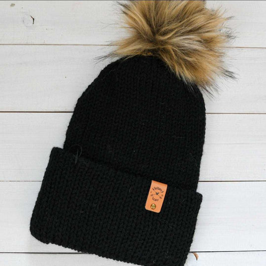 Cozy AF | Black Double Knit Brim Minimalist Slouchy Hat | Removable Pompom Hats 35 $ Buttons & Beans Co.